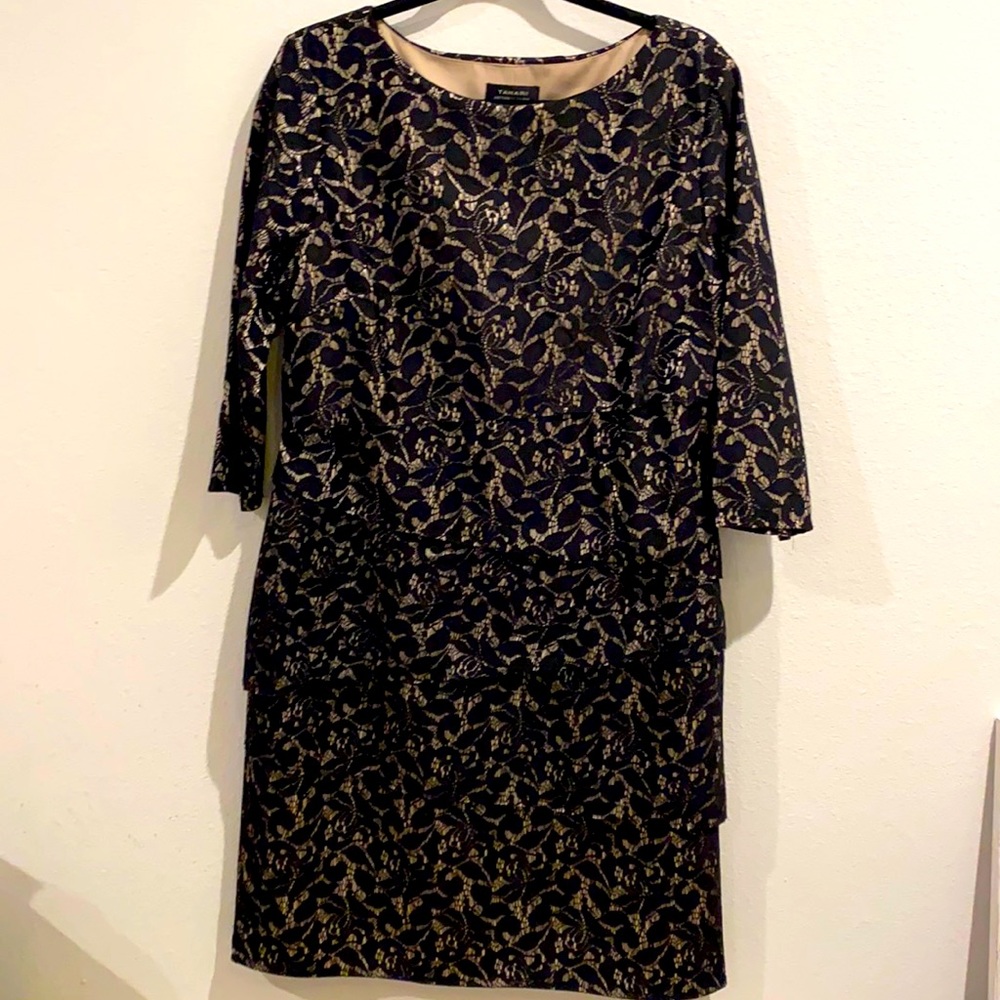 Tahari cocktail dress size 14. Black muted floral lace over a beige satin fabric